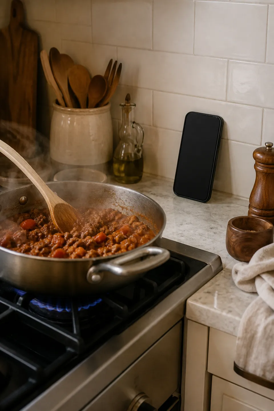 Una padella sul fuoco e il telefono appoggiato al paraschizzi