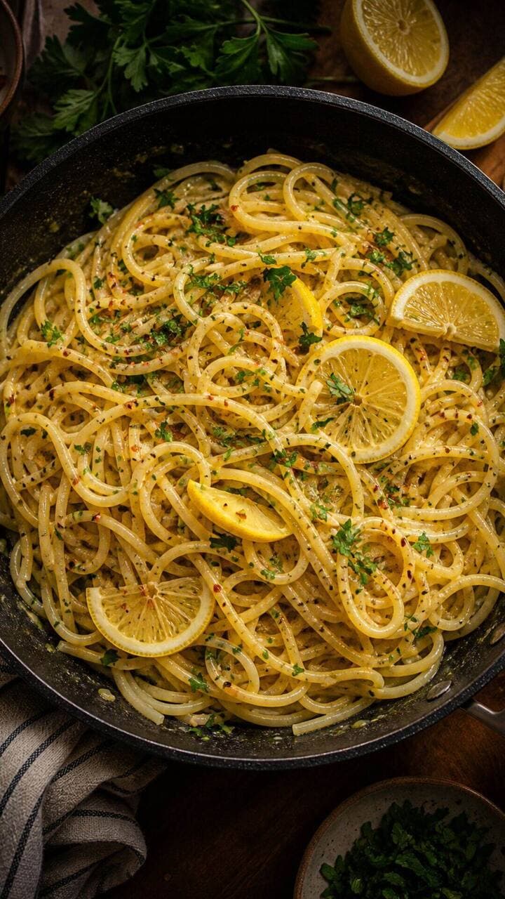 Lemon pasta in a skillet