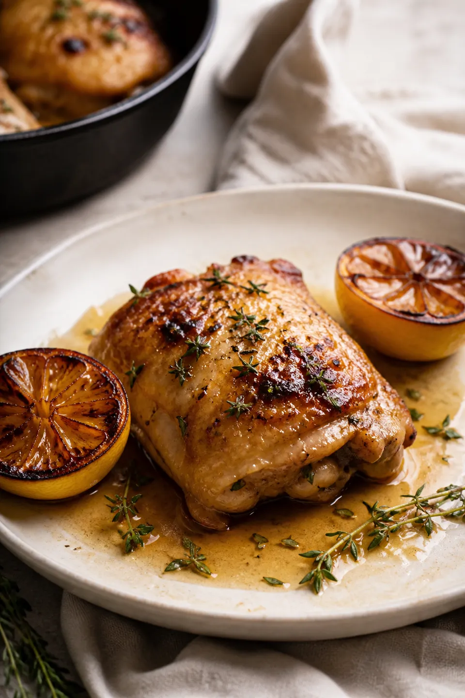 Scheda ricetta di pollo in padella con una coscia impiattata